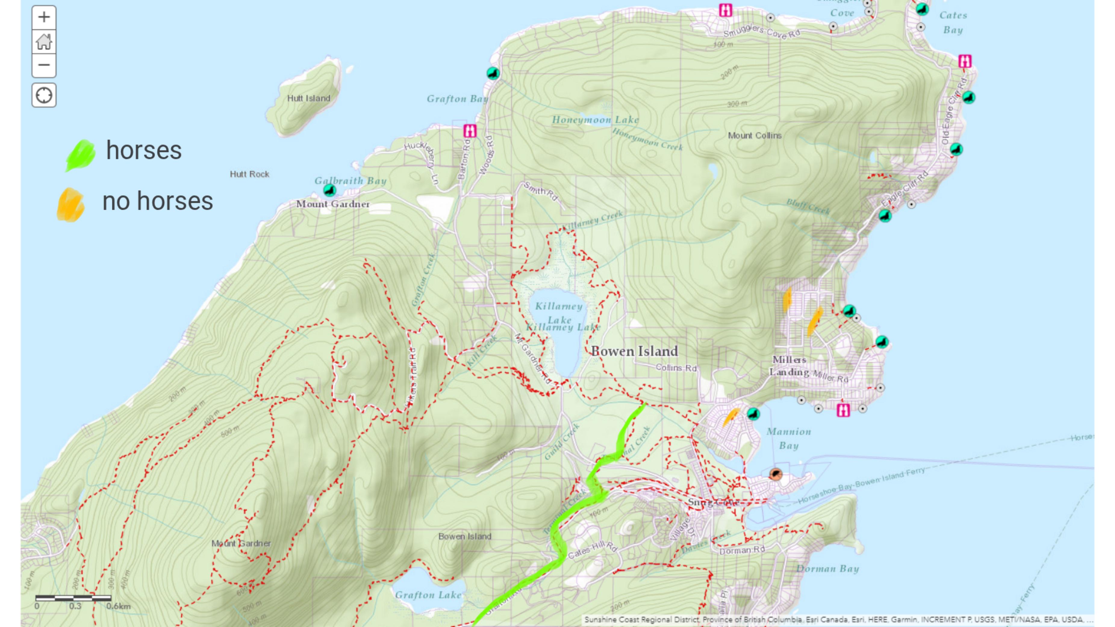 Map of Bowen Island showing horse-friendly trails in green and trails closed to horses in orange